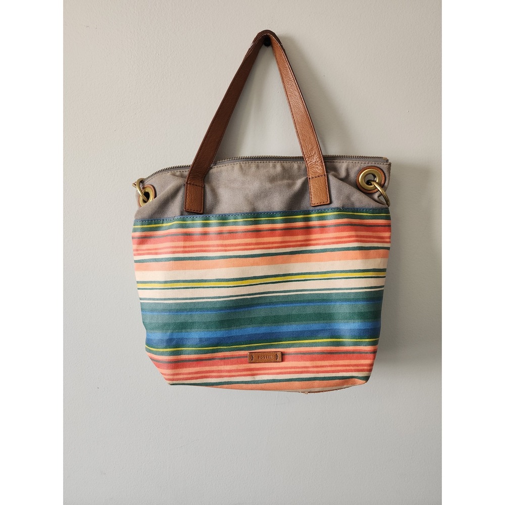 Fossil Canvas Stripe Tote Bag Multi Color Brown Leather Trim Zip Top Handbag